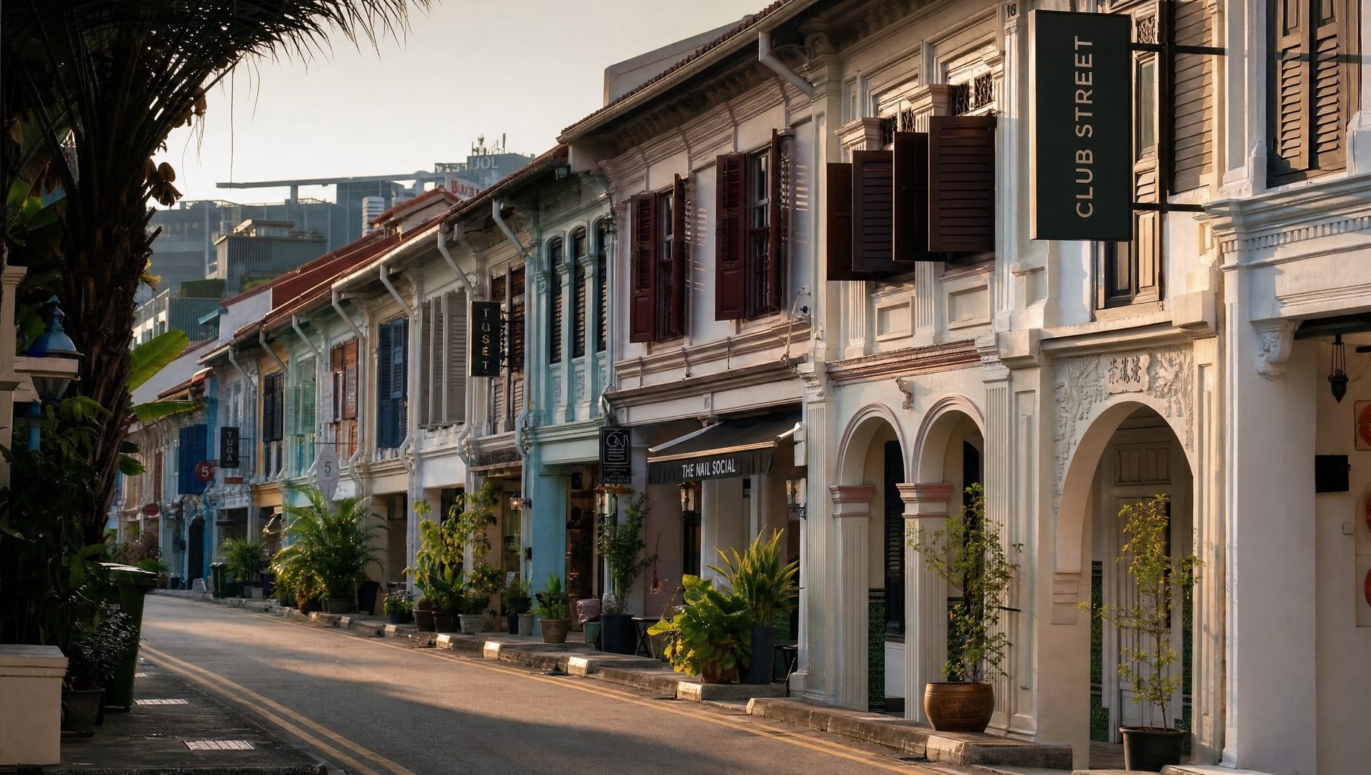 Heritage shophouses on Club Street, Singapore, at dawn