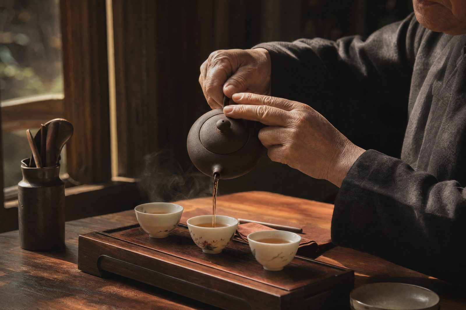 Tea being poured into porcelain cups in soft morning light